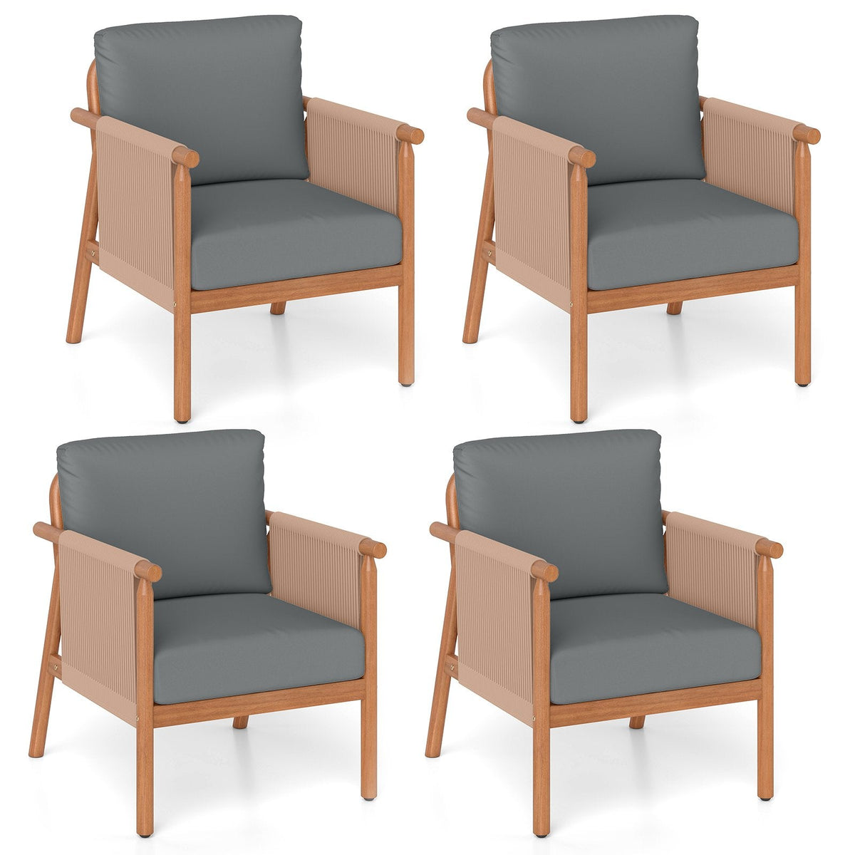 Patio Acacia Wood Chair Set of 4 with Woven Rope Armrests and Seat Back Cushions for Backyard-Gray