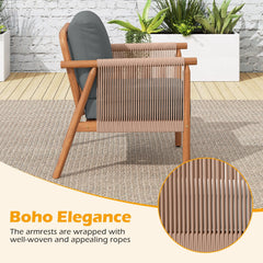 Patio Acacia Wood Chair Set of 4 with Woven Rope Armrests and Seat Back Cushions for Backyard-Gray