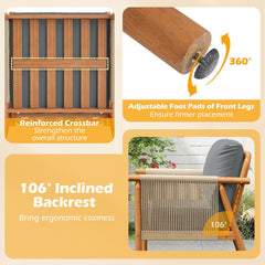 Patio Acacia Wood Chair with Woven Rope Armrests and Seat Back Cushions for Backyard-Gray