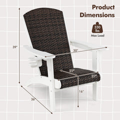 Patio Adirondack Chair with Rattan Padded Seat and Hidden Cupholder-White