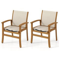 Patio Chairs Set of 2 Acacia Wood Armchairs with Breathable Fabric Back and Seat-Yellow