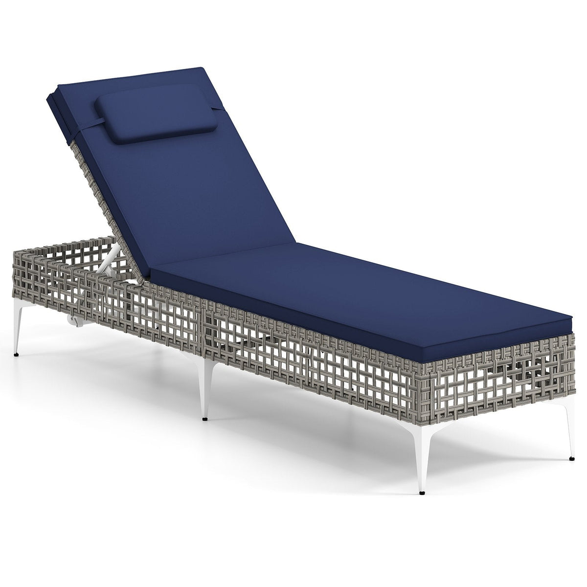 Wicker Chaise Lounge with 6 Level Backrest, Headrest and Cushion, Navy