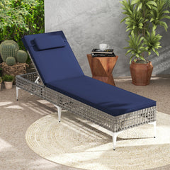 Wicker Chaise Lounge with 6 Level Backrest, Headrest and Cushion, Navy