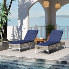 Wicker Chaise Lounge with 6 Level Backrest, Headrest and Cushion, Navy