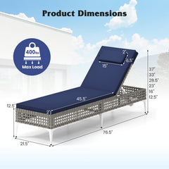 Wicker Chaise Lounge with 6 Level Backrest, Headrest and Cushion, Navy