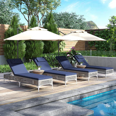 Wicker Chaise Lounge with 6 Level Backrest, Headrest and Cushion, Navy