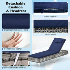 Wicker Chaise Lounge with 6 Level Backrest, Headrest and Cushion, Navy