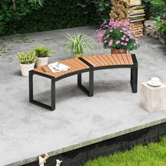 Patio Curved Bench with Slatted Seat and Metal Legs-2 Pieces