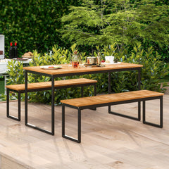Patio Dining Bench Backless with Slatted Seat and Metal Legs