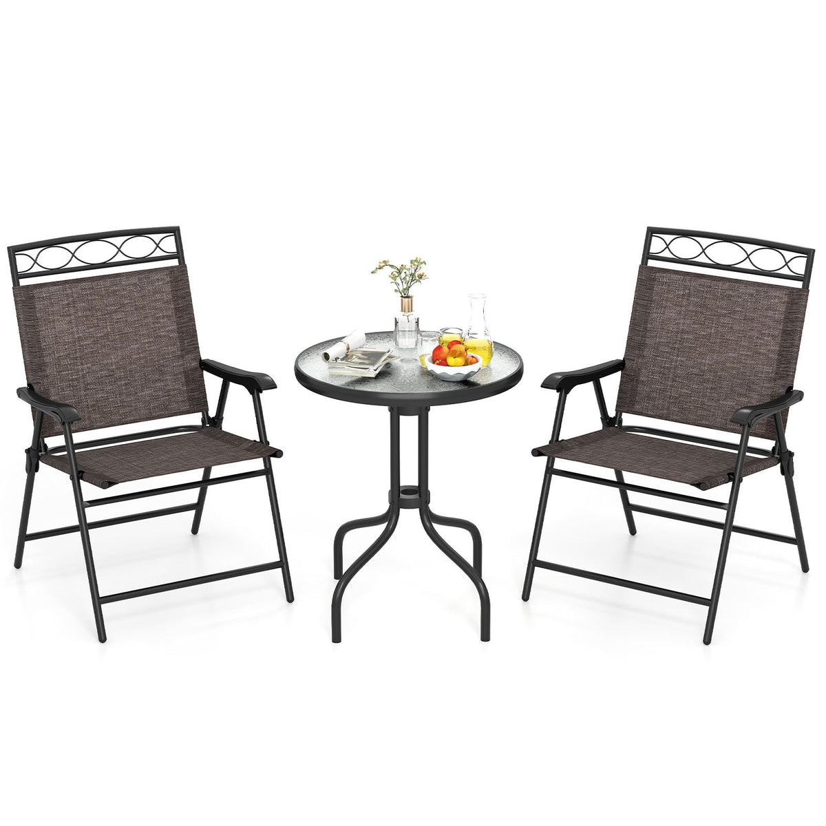 3 Piece Folding Bistro Dining Set, 2 Sling Chairs Rated 330 lb at 9.5 lb Each and 24 in Rippled Glass Table with 1.57 in Umbrella Hole