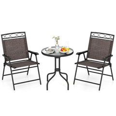 3 Piece Folding Bistro Dining Set, 2 Sling Chairs Rated 330 lb at 9.5 lb Each and 24 in Rippled Glass Table with 1.57 in Umbrella Hole