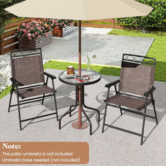 3 Piece Folding Bistro Dining Set, 2 Sling Chairs Rated 330 lb at 9.5 lb Each and 24 in Rippled Glass Table with 1.57 in Umbrella Hole