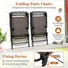 3 Piece Folding Bistro Dining Set, 2 Sling Chairs Rated 330 lb at 9.5 lb Each and 24 in Rippled Glass Table with 1.57 in Umbrella Hole