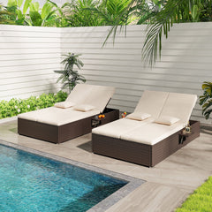 Double Chaise Lounge with Two Backrests and Folding Side Trays, Beige