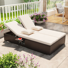 Double Chaise Lounge with Two Backrests and Folding Side Trays, Beige