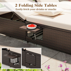 Double Chaise Lounge with Two Backrests and Folding Side Trays, Beige