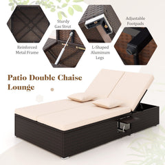Double Chaise Lounge with Two Backrests and Folding Side Trays, Beige