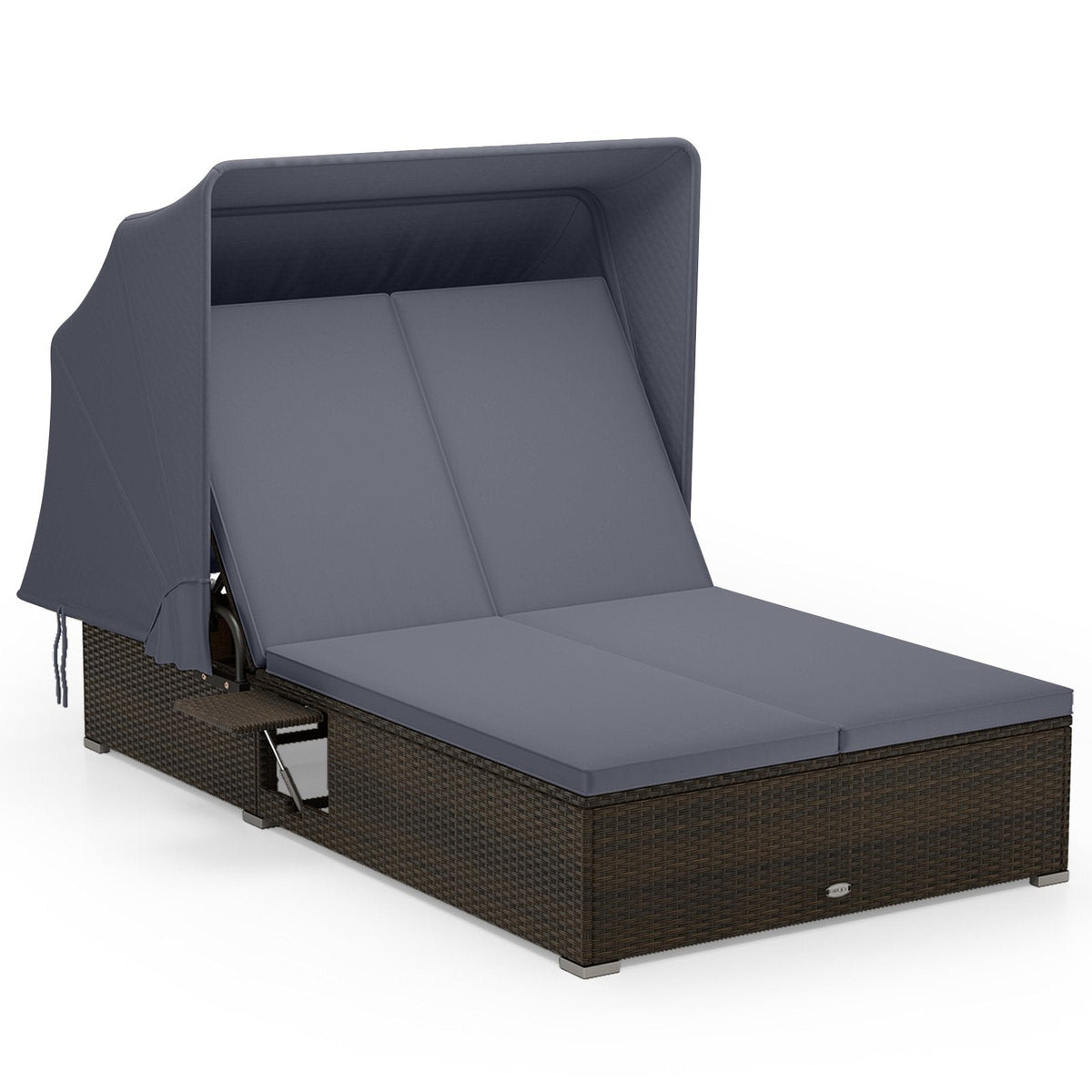 Double Chaise Lounge with Retractable Canopy and Two Backrests, Dark Gray