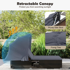 Double Chaise Lounge with Retractable Canopy and Two Backrests, Dark Gray