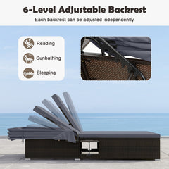 Double Chaise Lounge with Retractable Canopy and Two Backrests, Dark Gray