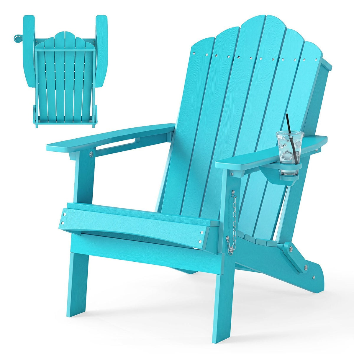 Foldable Weather Resistant Patio Chair with Built-in Cup Holder-Turquoise