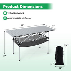 Patio Folding Camping Table with Roll-up Tabletop and Mesh Basket-Silver