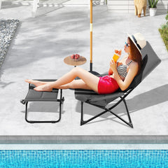 Folding Sling Chair with Ottoman Footrest and Removable Cushion, Gray