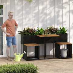 Patio Furniture Set with Raised Garden Bed, Acacia Topped Bar Table and 2 Stools with Built In Storage