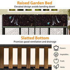 Patio Furniture Set with Raised Garden Bed, Acacia Topped Bar Table and 2 Stools with Built In Storage