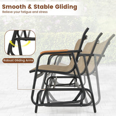 Patio Glider Bench with Curved Teak Armrests and Breathable Fabric Seat for 3 People-Brown