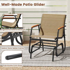 Patio Glider Chair Set of 2 with Curved Teak Armrests and Breathable Fabric Seat-Brown