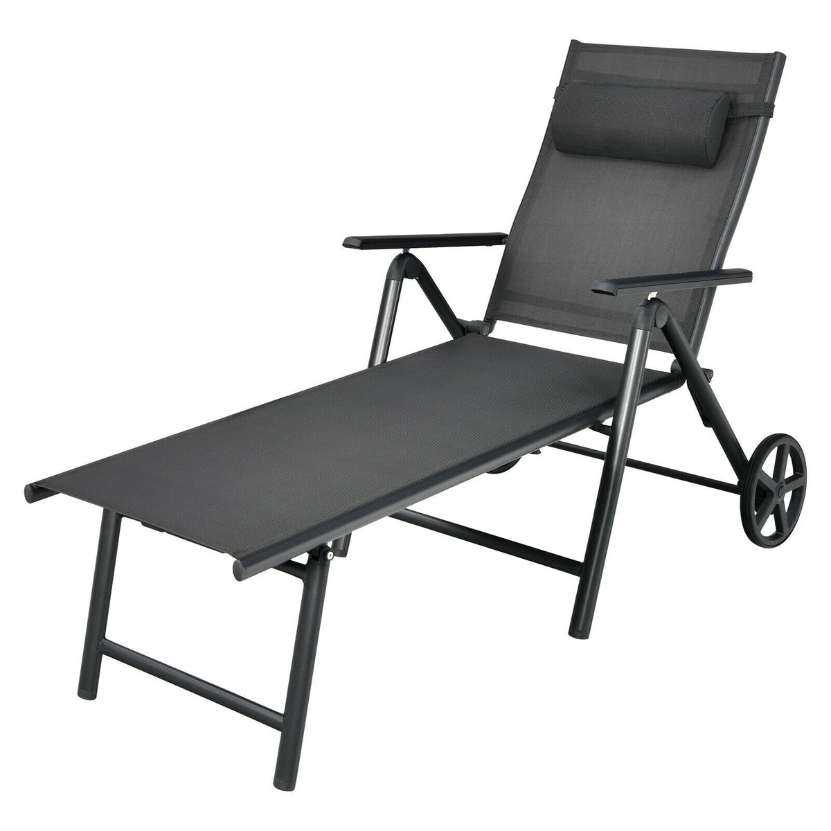Folding Aluminium Lounge Chair with Wheels, Neck Pillow and 7 Positions