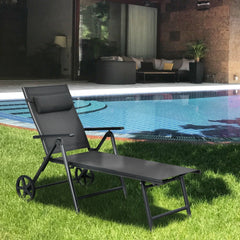 Folding Aluminium Lounge Chair with Wheels, Neck Pillow and 7 Positions