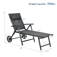 Folding Aluminium Lounge Chair with Wheels, Neck Pillow and 7 Positions