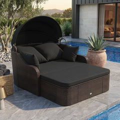 PE Rattan Daybed with Retractable Canopy and Separate Ottoman, Black