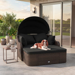 PE Rattan Daybed with Retractable Canopy and Separate Ottoman, Black
