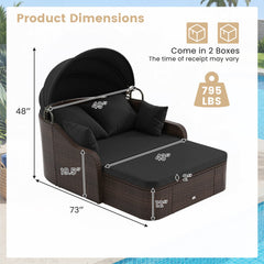 PE Rattan Daybed with Retractable Canopy and Separate Ottoman, Black