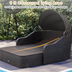 PE Rattan Daybed with Retractable Canopy and Separate Ottoman, Black