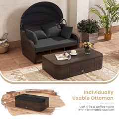 PE Rattan Daybed with Retractable Canopy and Separate Ottoman, Black