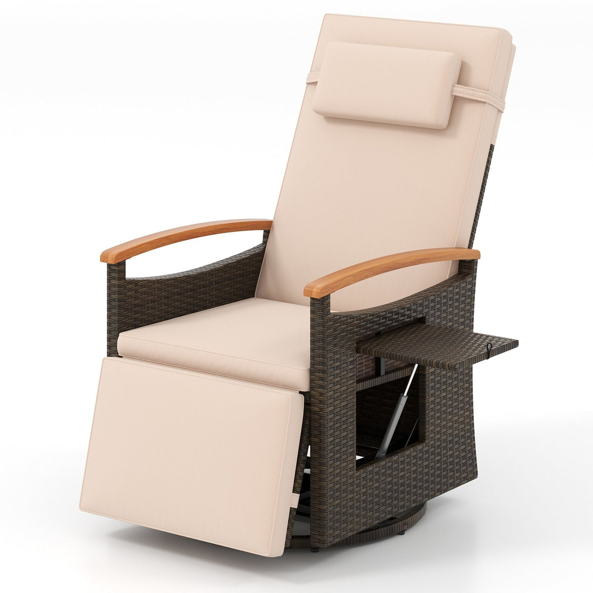 Wicker Swivel Recliner with Headrest, Footrest and Fold Out Table, Beige