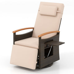 Wicker Swivel Recliner with Headrest, Footrest and Fold Out Table, Beige
