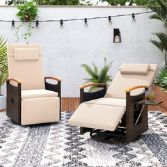 Wicker Swivel Recliner with Headrest, Footrest and Fold Out Table, Beige