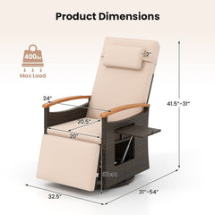 Wicker Swivel Recliner with Headrest, Footrest and Fold Out Table, Beige