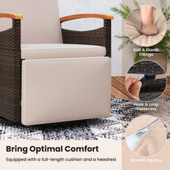 Wicker Swivel Recliner with Headrest, Footrest and Fold Out Table, Beige