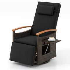 Wicker Swivel Recliner with 150 Degree Backrest, Footrest and Fold Out Side Table, Black