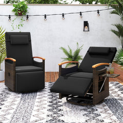 Wicker Swivel Recliner with 150 Degree Backrest, Footrest and Fold Out Side Table, Black