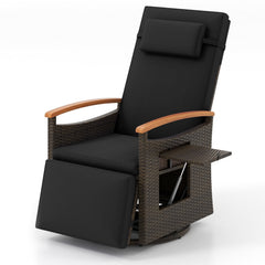 Wicker Swivel Recliner with 150 Degree Backrest, Footrest and Fold Out Side Table, Black
