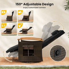 Wicker Swivel Recliner with 150 Degree Backrest, Footrest and Fold Out Side Table, Black