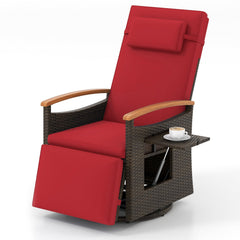Wicker Swivel Recliner with 400 lb Capacity, Footrest and Arm Table, Red