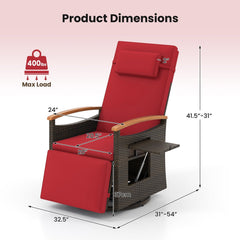 Wicker Swivel Recliner with 400 lb Capacity, Footrest and Arm Table, Red